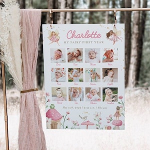 Cartel con foto del primer cumpleaños de una hada, plantilla de póster editable para el primer año de un bebé, cartel con collage de fotos de 12 meses del primer cumpleaños de una hada, FAIRY02