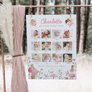 Fairy first birthday photo milestone sign, editable first year baby poster template, fairy 1st birthday 12 month photo collage sign, FAIRY02