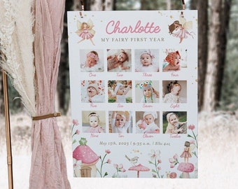 Fairy first birthday photo milestone sign, editable first year baby poster template, fairy 1st birthday 12 month photo collage sign, FAIRY02