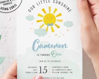 May include: A birthday invitation with a cheerful sun illustration, clouds, and the words "Our Little Sunshine." The invitation is for Cameron's first birthday, with the date, time, and location details. The design uses light blue and yellow colours.