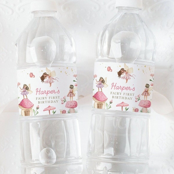 Fairy 1st birthday water bottle labels, editable magical floral fairy party bottle wraps, fairies forest garden juice wrapper, FAIRY02