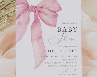 May include: A pink baby shower invitation with a watercolor bow and the text "Please join us for a Baby Shower honoring mom-to-be Tori Archer. Saturday, May 15th at 11am Take a Bow Cafe 88 Sugar Plum Way / Charlotte, NC RSVP to Kate at 123-456-7890 registered at AMAZON & TARGET"