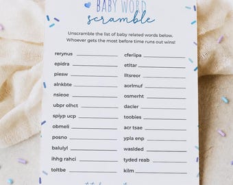 Sprinkle baby word scramble game with answer key, editable blue sprinkles shower word puzzle, baby shower game template, Corjl, SPR01
