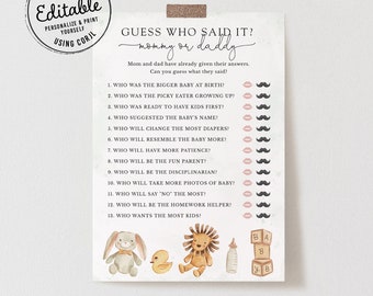 Guess Who Said It, Mommy or Daddy baby shower game template, editable gender neutral baby shower games, baby shower activity, Corjl, GNB01