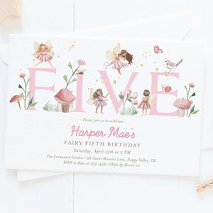 Fairy fifth birthday invitation, editable flutter twirl fairy 5th invite, fairies garden invite, enchanted forest invite template, FAIRY02