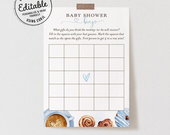 May include: A printable baby shower bingo card with a blue and white watercolor design. The card has a title that says "Baby Shower Bingo" and instructions for playing the game. The card has a 5x5 grid with squares to fill in with guesses about what gifts the mommy-to-be will receive.