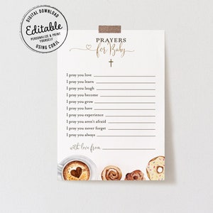 Bewerkbare koffiegebeden voor babykaartsjabloon, afdrukbaar genderneutraal babybrunchshowspel, goede wensen voor baby, Corjl, SWT03
