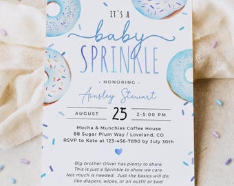 Editable donut sprinkle baby shower invitation template, boy blue sprinkled with love invite, it's a sprinkle donuts invite, Corjl, SPR02