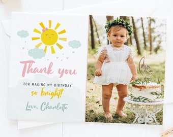 Our little sunshine birthday thank you photo card,  editable sun girl thank you card with photo, sunshine thank you card, Corjl, SUN01