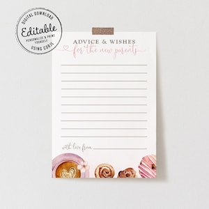 Consejos de café editable para la tarjeta de nuevos padres, tarjeta de deseos para padres, plantilla de juego de brunch de bebé de niña rosa, Corjl, SWT01