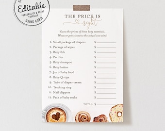 Bewerkbare koffie De prijs is het juiste spel, afdrukbare prijs is rechts neutrale babybrunch douche spel sjabloon, Guess the Price, Corjl, SWT03