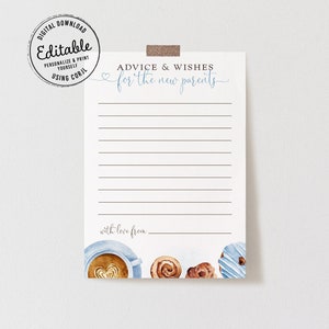 Consejos de café editables para la tarjeta de nuevos padres, deseos para la tarjeta de padres, plantilla de juego de ducha de brunch de bebé azul chico, Corjl, SWT02