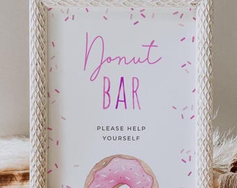 Sprinkle donut bar sign, editable girl pink baby sprinkles donut station sign template, sprinkled with love baby shower table decor, SPR03