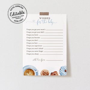 Editable coffee Wishes for Baby card template, printable blue boy baby shower game, well wishes for baby boy, Corjl, SWT02