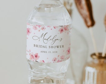 Cherry blossom water bottle label, editable japanese sakura pink floral party bottle wrap template, juice wrapper, SAK02