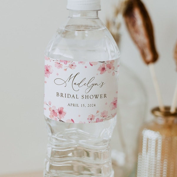 Cherry blossom water bottle label, editable japanese sakura pink floral party bottle wrap template, juice wrapper, SAK02