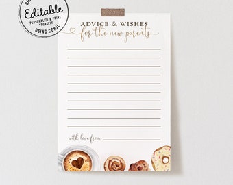 Editable coffee Advice for the New Parents card, wishes for parents card, gender neutral baby brunch shower game template, Corjl, SWT03