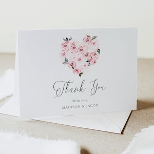 Carte de remerciement Saint-Valentin, carte de remerciement chérie modifiable, modèle de note de remerciement coeur floral rose, téléchargement instantané, Corjl, VAL03