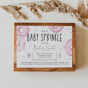 Donut baby sprinkle invitation, editable pink donuts baby girl sprinkles invite template, baby shower sprinkle invite, Corjl, SPR04