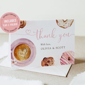 May include: A pink and white thank you card with a watercolor illustration of a cup of coffee, a donut, and a cookie. The text on the card reads "thank you" and "With love, Olivia & Scott".