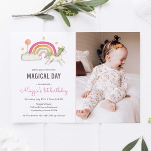 Editable rainbow and unicorn birthday invitation with photo, magical party photo invitation template, DIY unicorn party invite with pic, UNC