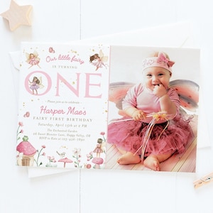 Fairy 1st birthday photo invitation, editable our little fairy first picture invite template, fairies enchanted garden one invite, FAIRY02