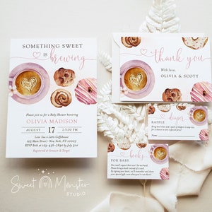 Etwas Süßes braut Baby-Dusche-Einladungsbündel, bearbeitbares rosa Mädchen-Baby-Brunch-Kaffee-Einladungsset, Beilagen, Dankeschön-Karte, SWT01