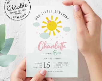 Our little sunshine 1st birthday invite, editable sunshine birthday invitation,  girl sun birthday invitation, sun invite, Corjl, SUN01