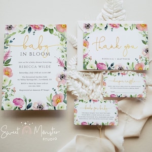 Ensemble d'invitations à la baby shower de bébé en fleurs, modèle d'ensemble d'invitations de jardin modifiable, inserts, carte d'enceinte, carte de remerciement, BIB01