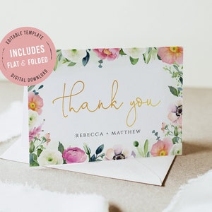 Bewerkbare bloementuin baby shower bedankkaart, afdrukbare lente- of zomerbaby in bloei bedankbriefje, Corjl, plat en gevouwen, BIB01
