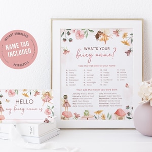 What is your fairy name birthday game, magical fairy garden party activity, printable what&#39;s your fairy name party game template, FAIRY01