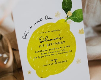 Lemon first birthday invitation, editable girl lemonade sunshine template, citrus sweet one 1st celebration invite, Corjl, LEM01