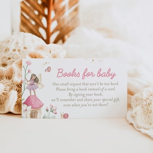 Libros de hadas para tarjetas de bebé, plantilla de solicitud de libro de baby shower editable, jardín de hadas encantado para cumpleaños, biblioteca de stock para bebés, FAIRY02