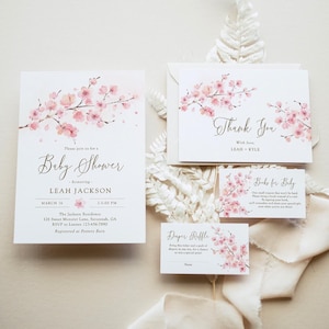 Lot d'invitations printanières pour baby shower, ensemble d'invitations modifiables en fleurs de cerisier sakura, livres pour bébé, tombola de couches, carte de remerciement, SAK01
