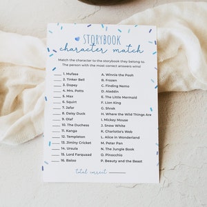 Sprinkle storybook character match game with answer key, editable boy blue sprinkles baby shower game template, Corjl, SPR01