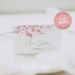Cherry blossom place card template, editable spring sakura pink floral place cards, food label, name card, wedding, bridal shower, SAK02