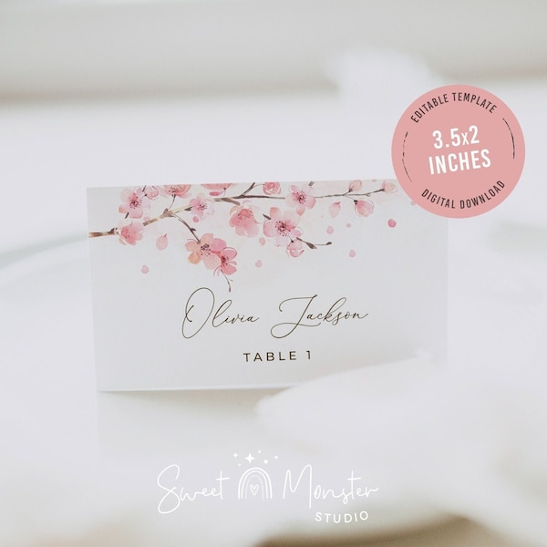 Cherry blossom place card template, editable spring sakura pink floral place cards, food label, name card, wedding, bridal shower, SAK02