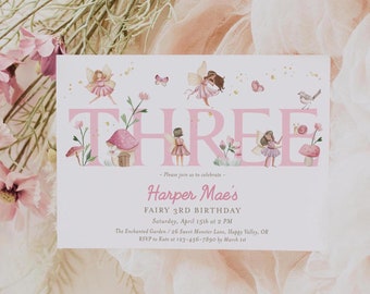 Fairy 3rd birthday invitation, editable flutter and twirl fairy three invite template, pink fairies magical enchanted garden party, FAIRY02