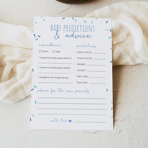 Strooi Baby Voorspellingen en Advies voor de Nieuwe Ouders kaart, bewerkbare hagelslag baby shower spelsjabloon, Corjl, SPR01