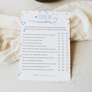 Sprinkle over or under game, editable boy blue sprinkles over or under baby shower game template, over or under trivia game, Corjl, SPR01