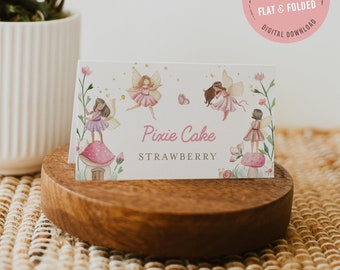 Fairy birthday party food labels, editable fairies buffet tent card, name place card template, enchanted fairy floral garden party, FAIRY02