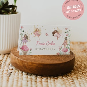 Étiquettes de nourriture de fête d'anniversaire de fée, carte modifiable de tente de buffet de fées, modèle de carte de lieu de nom, fête florale de jardin de fée enchantée, FAIRY02