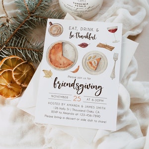 Friendsgiving invitation, Thanksgiving dinner party invitation, pumpkin pie potluck dinner invite, fall holiday feast invite template, Corjl