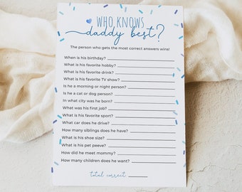 Sprinkle who knows daddy best game template, editable boy blue sprinkles how well do you know daddy questionnaire, baby shower game, SPR01