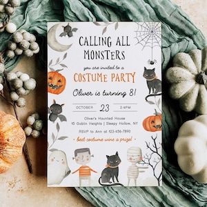 Invitation modifiable de fête d'anniversaire d'Halloween, invitation à une fête costumée appelant tous les monstres, modèle d'invitation effrayant pour les enfants, Corjl, CAM01