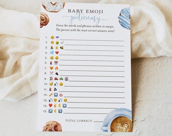 Coffee brewing emoji pictionary baby shower game template, editable boy blue baby emoji picture baby brunch shower game, Corjl, SWT02