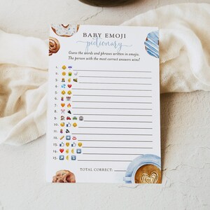 Mall för babyshower-spel med emoji-bild för kaffebryggning, redigerbar blå baby-emoji-bild för pojke, babybrunch-spel, Corjl, SWT02