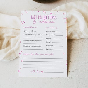 Tarjeta de predicciones y consejos para nuevos padres de Sprinkle Baby, plantilla editable de juego de baby shower con chispas rosas para niña, Corjl, SPR01