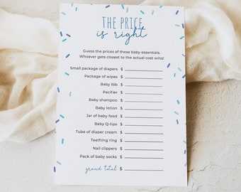 Sprinkle Price is Right game, editable boy blue sprinkles Price is Right baby shower game template, Guess the Price party game, Corjl, SPR01