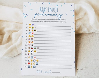 Sprinkle emoji pictionary baby shower game, editable boy blue sprinkles baby emoji picture game, baby shower game template, Corjl, SPR01